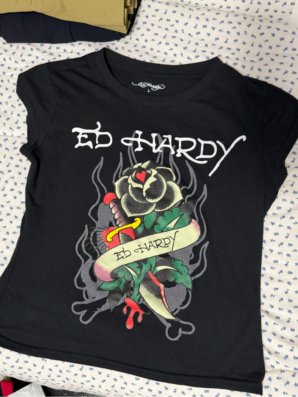 Ed Hardy Black womens' Short Sleeve Tee with Tattoo Rose Graphic